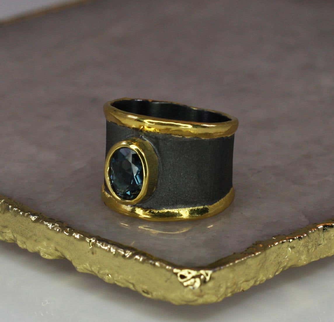 Eclyps Fine Silver and Gold Two-Tone Ring with Aquamarine and Diamond