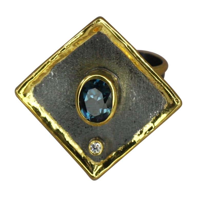 Eclyps 1.60 Carat Topaz and Diamond Silver Ring with Ruthenium and Gold