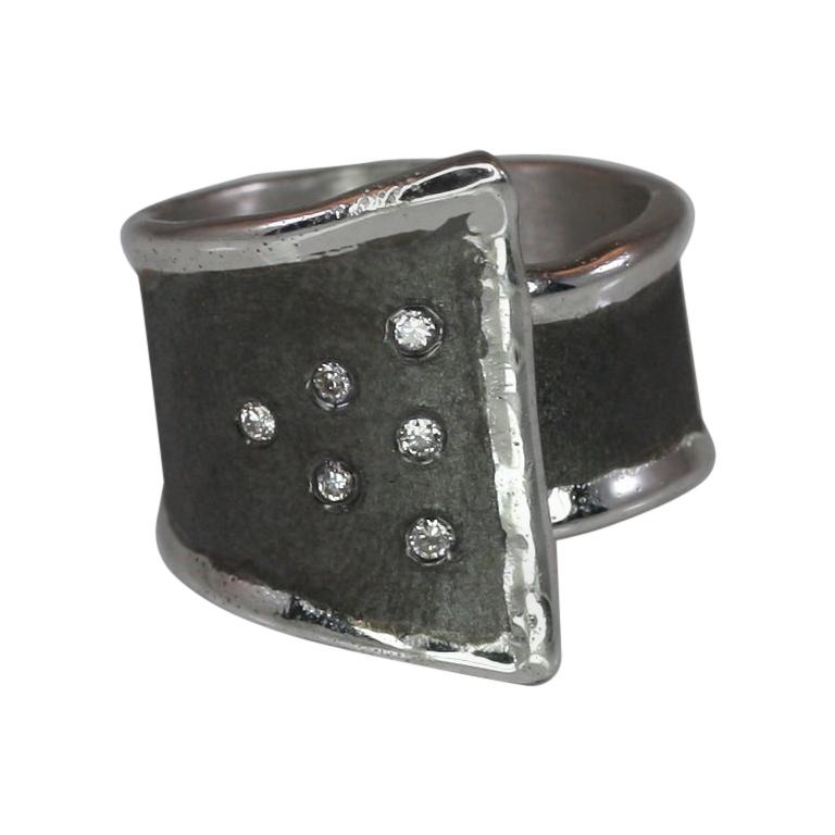 Hephestos Fine Silver and Oxidized Ruhenium Geometric Ring with Diamonds
