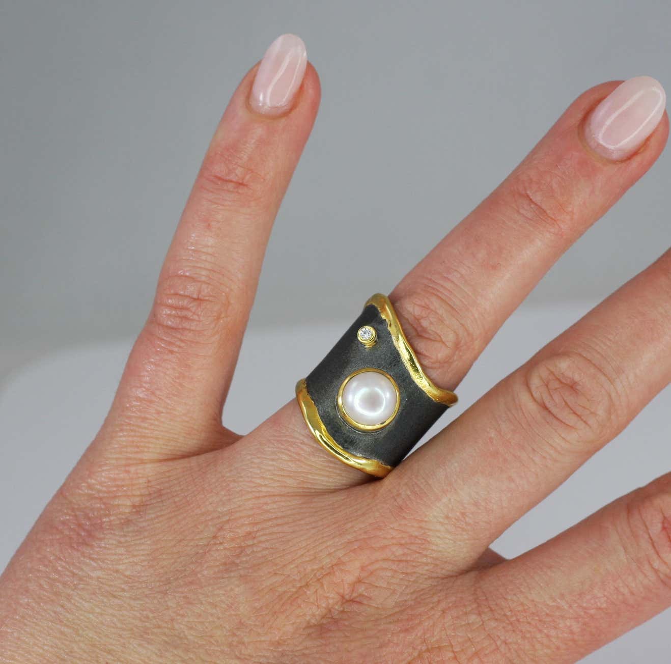 Eclyps Pearl and Diamond Fine Silver Ruthenium and 24 Karat Gold Ring