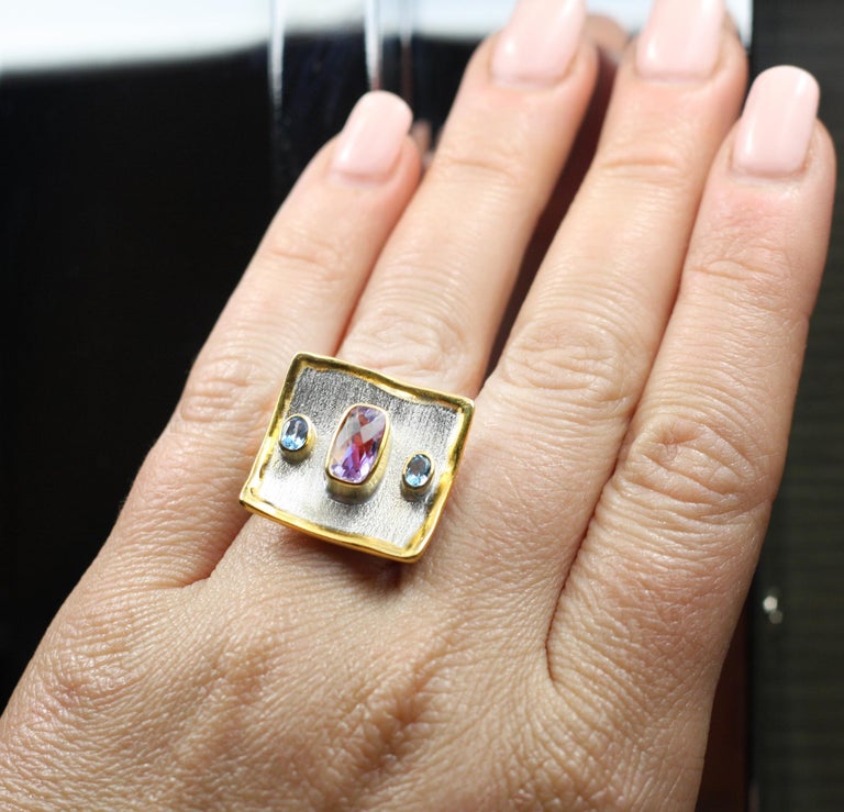 Midas Amethyst and Blue Topaz Fine Silver 24 Karat Gold Ring