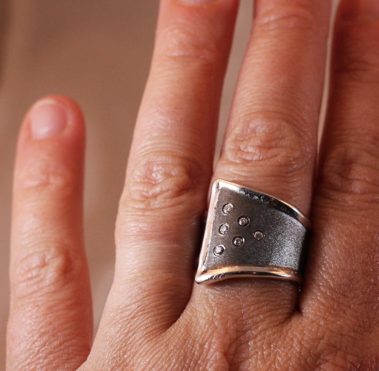 Hephestos Fine Silver and Oxidized Ruhenium Geometric Ring with Diamonds
