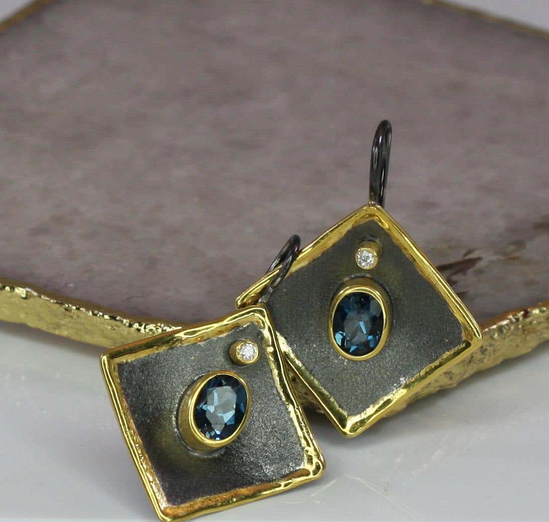 Eclyps Topaz Earrings in Fine Silver Finished with Ruthenium and Gold