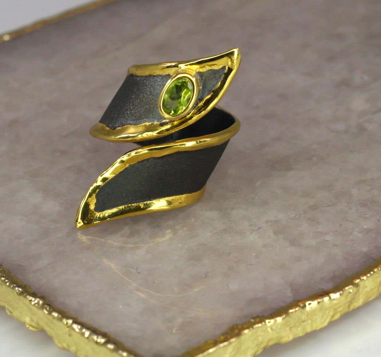 Eclyps Peridot Silver Ring Finished with Ruthenium and 24 Karat Gold