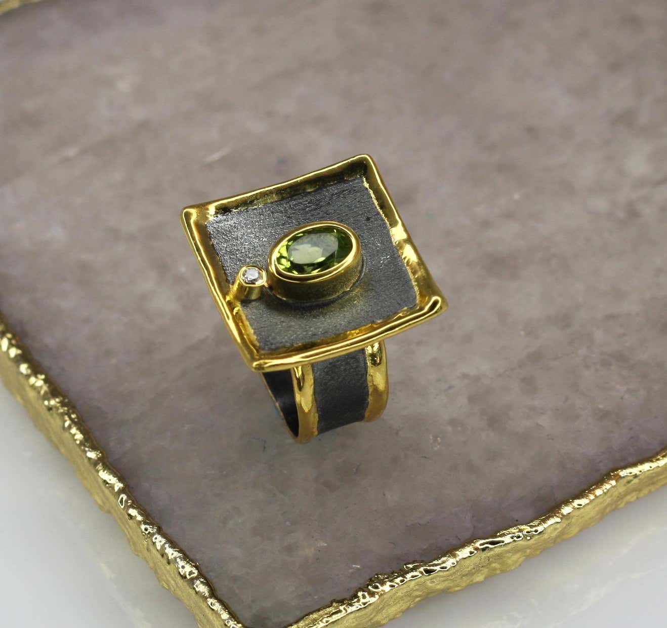 Eclyps 1.35 Peridot Fine Silver Square Ring with Ruthenium and Gold