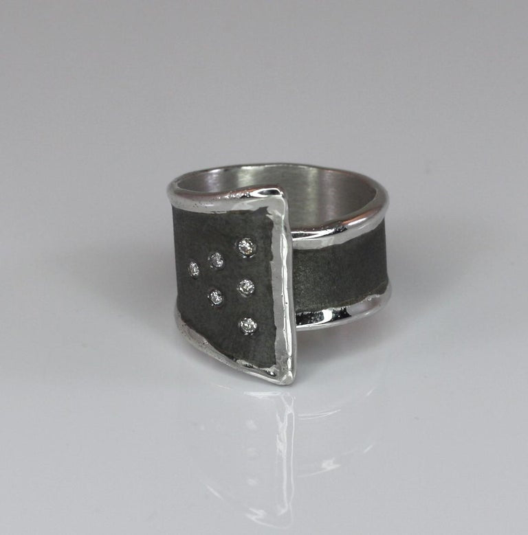 Hephestos Fine Silver and Oxidized Ruhenium Geometric Ring with Diamonds