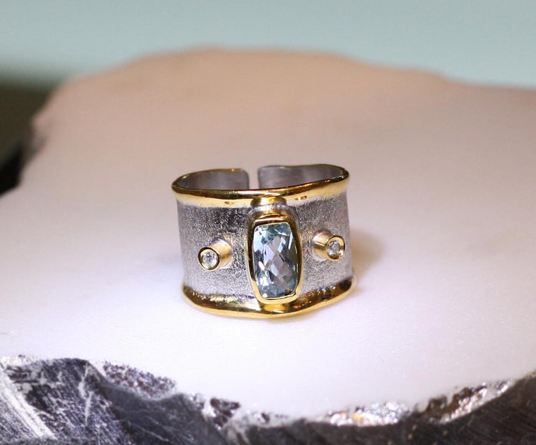 Midas Aquamarine Diamond Fine Silver 24 Karat Gold Ring