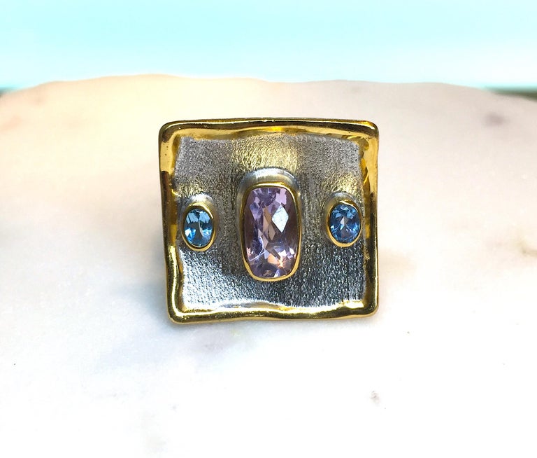 Midas Amethyst and Blue Topaz Fine Silver 24 Karat Gold Ring