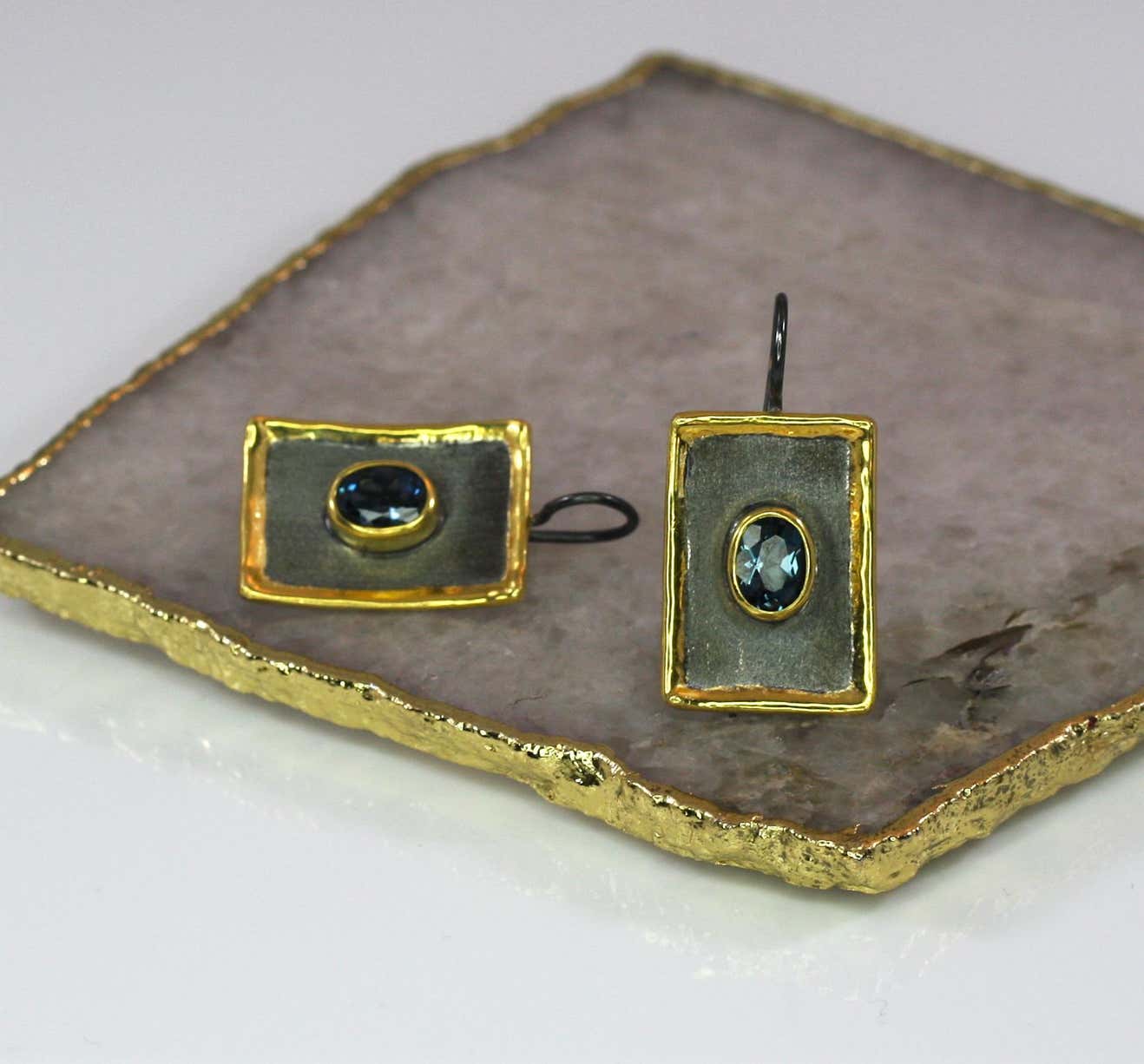 Eclyps Topaz Earrings in Fine Silver Finished with Ruthenium and Gold