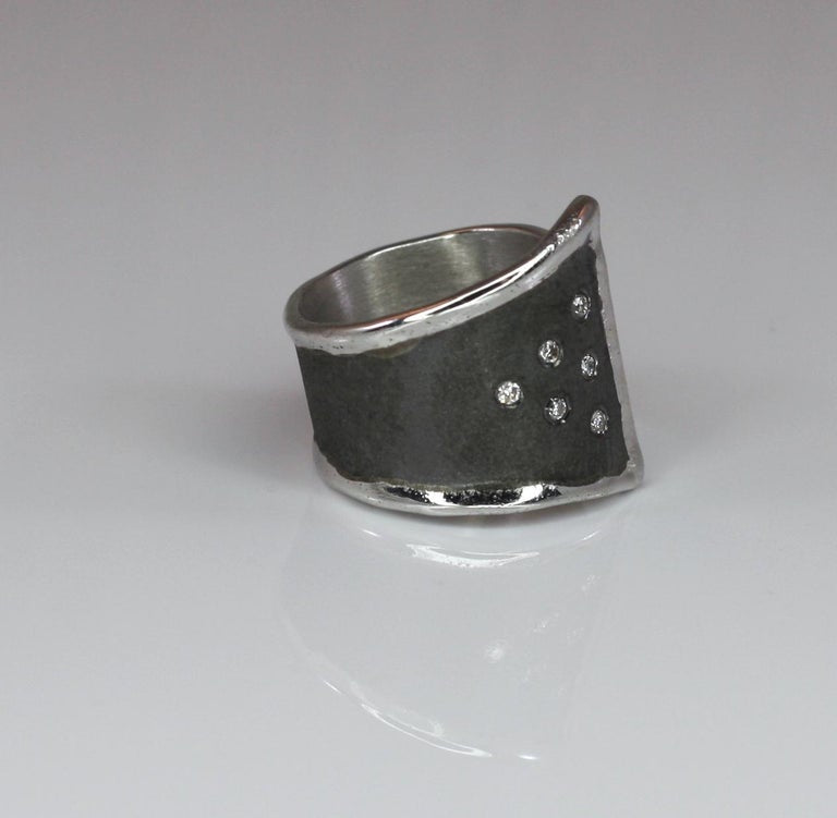 Hephestos Fine Silver and Oxidized Ruhenium Geometric Ring with Diamonds