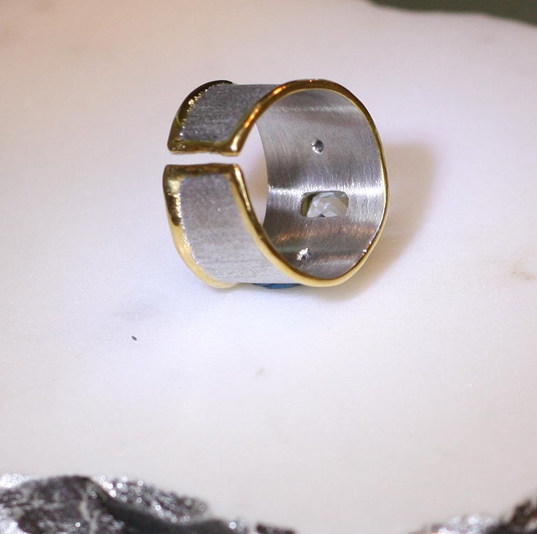 Midas Aquamarine Diamond Fine Silver 24 Karat Gold Ring