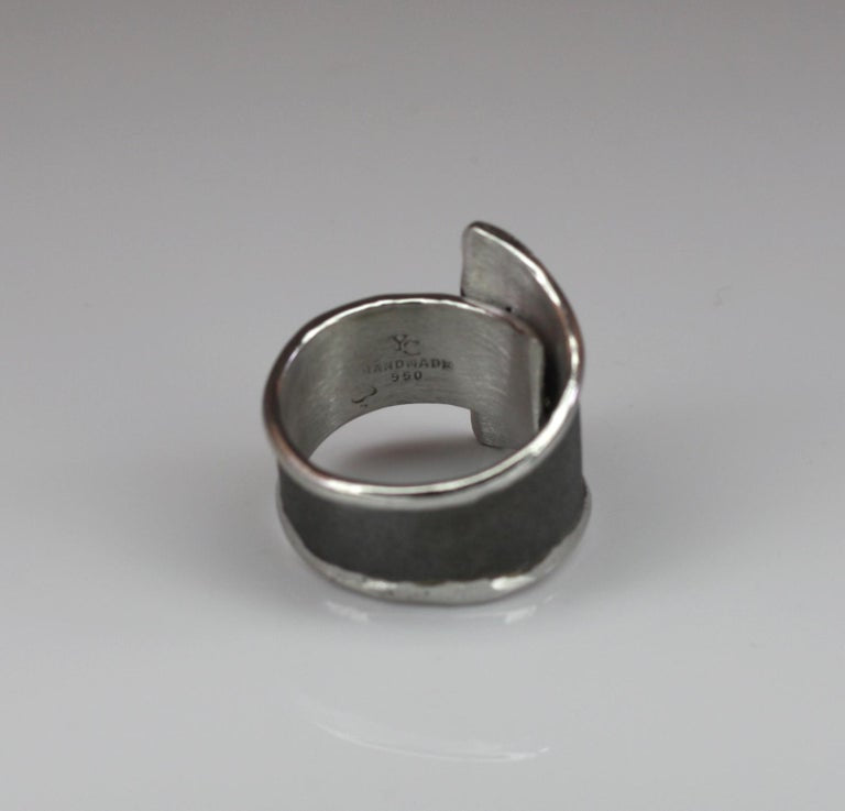 Hephestos Fine Silver and Oxidized Ruhenium Geometric Ring with Diamonds