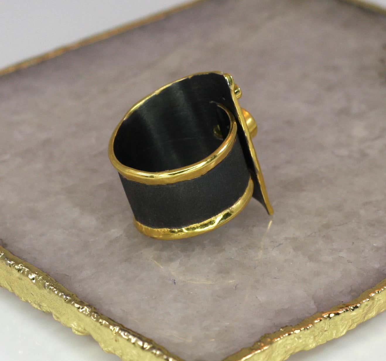 Eclyps Peridot and Diamond Ring in Fine Silver Ruthenium and 24 K Gold