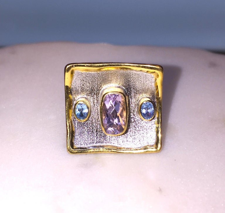 Midas Amethyst and Blue Topaz Fine Silver 24 Karat Gold Ring