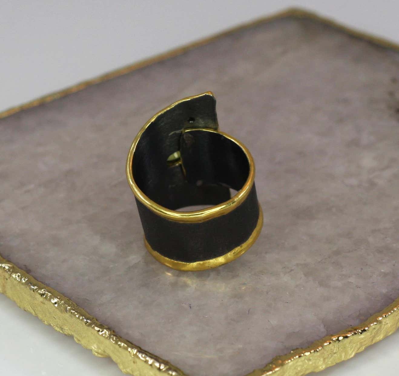 Eclyps Peridot and Diamond Ring in Fine Silver Ruthenium and 24 K Gold