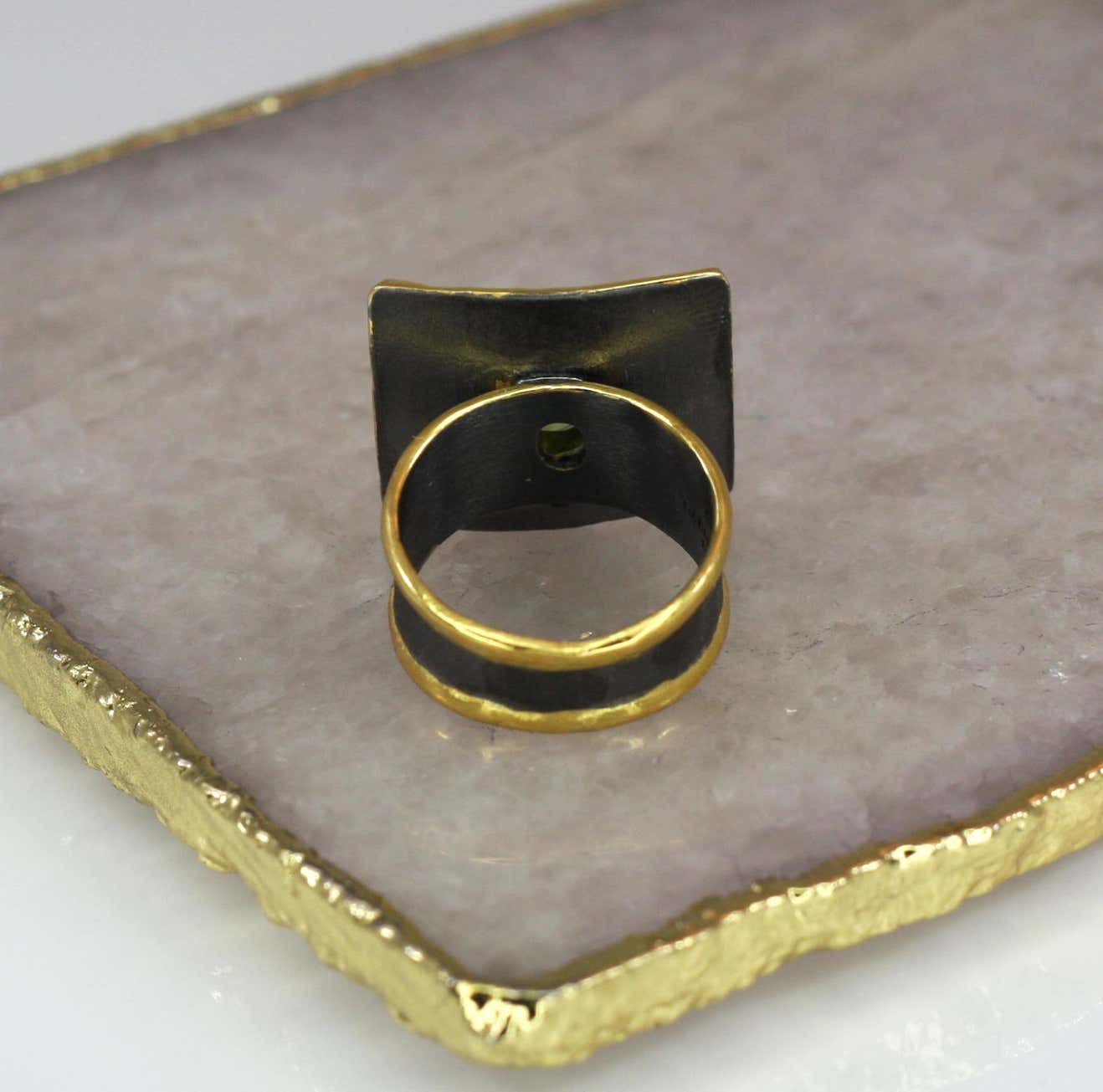 Eclyps 1.35 Peridot Fine Silver Square Ring with Ruthenium and Gold