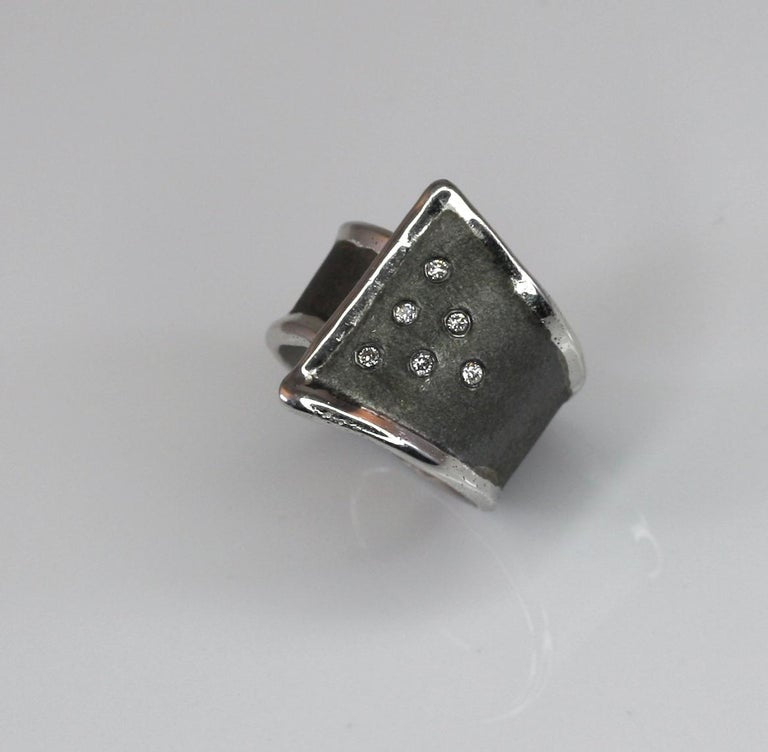 Hephestos Fine Silver and Oxidized Ruhenium Geometric Ring with Diamonds