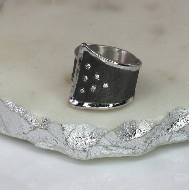 Hephestos Fine Silver and Oxidized Ruhenium Geometric Ring with Diamonds