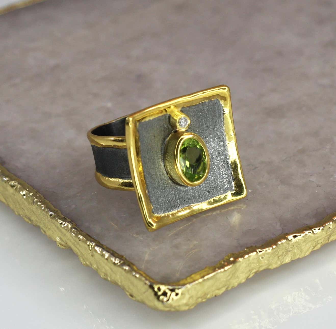 Eclyps 1.35 Peridot Fine Silver Square Ring with Ruthenium and Gold