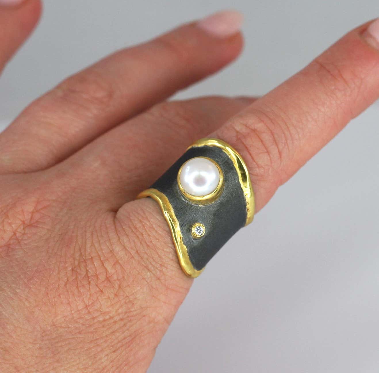 Eclyps Pearl and Diamond Fine Silver Ruthenium and 24 Karat Gold Ring