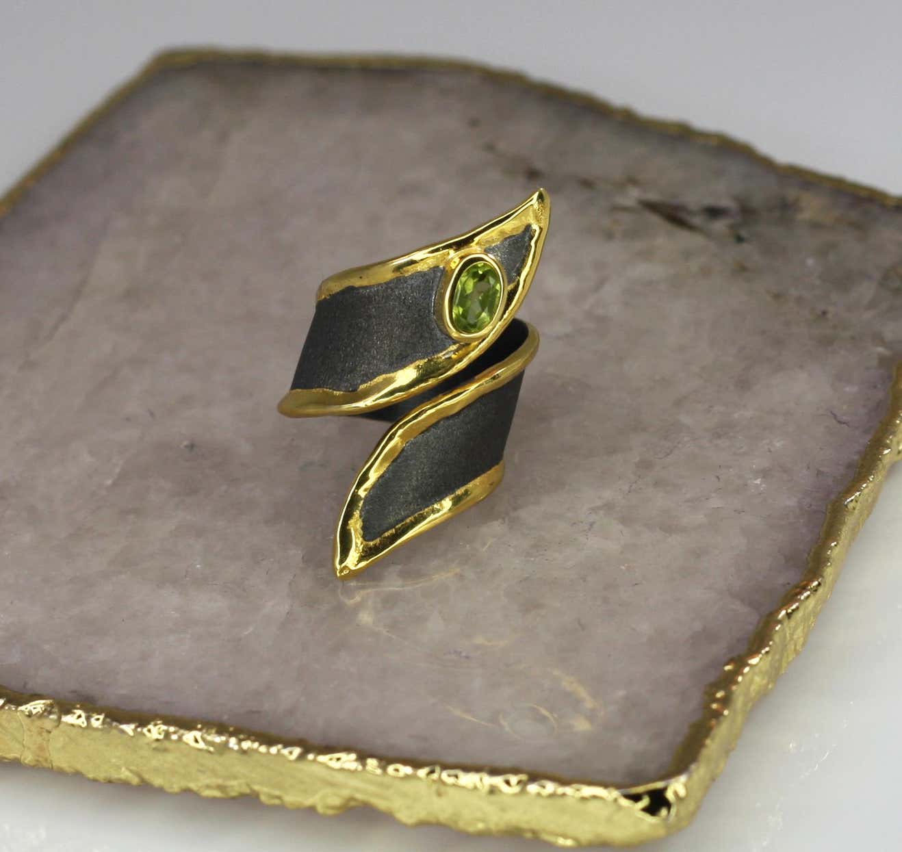 Eclyps Peridot Silver Ring Finished with Ruthenium and 24 Karat Gold